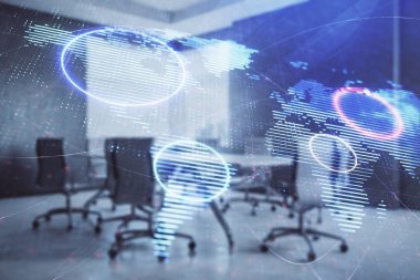 Konferans odası arka planda dünya hologram çift pozlama. Uluslararası iş konsepti