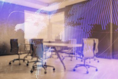 Konferans odası arka planda dünya hologram çift pozlama. Uluslararası iş konsepti