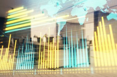 Stok ve tahvil piyasa grafik ve arka planda ticaret masası banka Ofisi İç ile dünya haritası. Çok pozlama. Uluslararası Finans konsepti