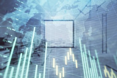 Stok ve tahvil piyasa grafik ve arka planda ticaret masası banka Ofisi İç ile dünya haritası. Çok pozlama. Uluslararası Finans konsepti