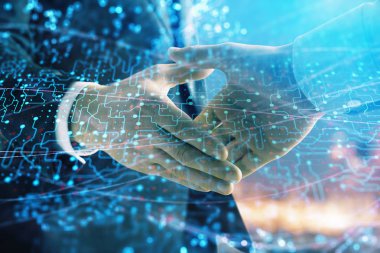 İki işadamı el sıkışması ile Cityscape arka planda çizim soyut teknoloji çift pozlama. İş içinde teknoloji rolü kavramı