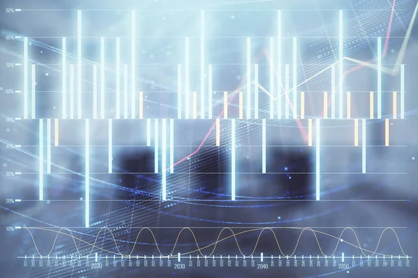 Gráfico de exposición múltiple del mercado de valores en el fondo de la sala de conferencias. Concepto de análisis financiero —  Fotos de Stock