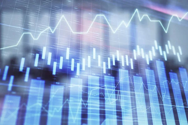 Stock och Bond Market Graph med Trading Desk bankkontor interiör på bakgrunden. Multiexponering. Begreppet finansiell analys — Stockfoto