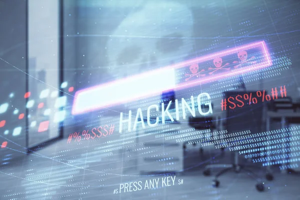 Hacking theme hologram with office interior on background. Double exposure. Concept of cyber piracy