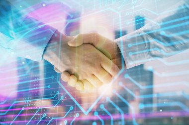 El sıkışması ile Cityscape arka planda kripto ekonomisi Tema çizim çift pozlama. Ortaklık ve Blockchain konsepti