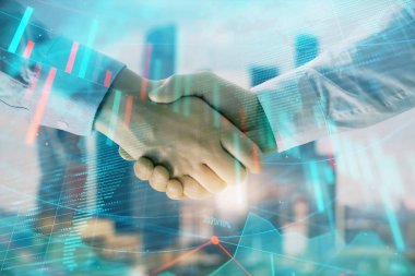 İki işadamı el sıkışması ile Cityscape arka planda mali grafik ve Dünya haritasına çift pozlama. Uluslararası yatırım konsepti