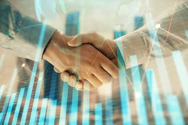 Double exposure of financial chart and world map on cityscape background with two businessmen handshake. Concept of international investment — Stock Photo, Image