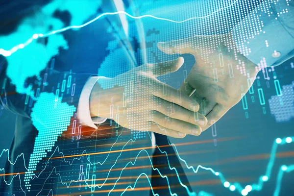 İki işadamı el sıkışması ile soyut arka plan üzerinde Forex grafik ve Dünya Haritası Multi pozlama. Uluslararası pazarlarda başarı konsepti