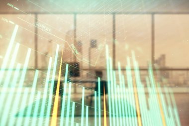 Minimalist kabine iç arka plan ile iş teması grafik hologram. Çift pozlama. Hisse senedi piyasası konsepti.