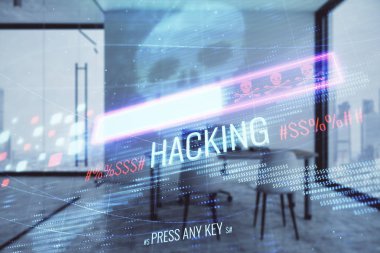 Minimalist kabine iç arka plan ile siber korsanlık hologram. Çift pozlama. Hacking kavramı.