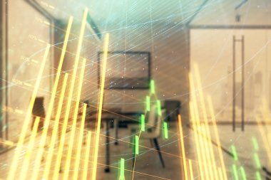 Minimalist kabine iç arka plan ile iş teması grafik hologram. Çift pozlama. Hisse senedi piyasası konsepti.