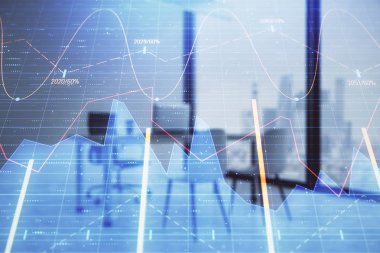 Minimalist kabine iç arka plan ile Forex grafik hologram. Çift pozlama. Hisse senedi piyasası konsepti.