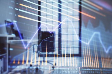 Minimalist kabine iç arka plan ile Forex grafik hologram. Çift pozlama. Hisse senedi piyasası konsepti.