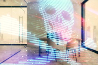 Minimalist kabine iç arka plan ile siber korsanlık hologram. Çift pozlama. Hacking kavramı.