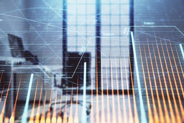 Minimalist kabine iç arka plan ile Forex grafik hologram. Çift pozlama. Hisse senedi piyasası konsepti.
