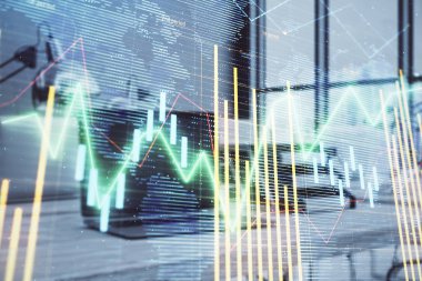 Dünya hologram ve masaüstü ofis bilgisayar arka plan ile hisse senedi piyasası grafik. Çok pozlama. Finansal analiz konsepti.