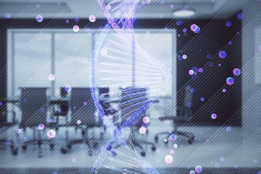 Konferans odasında arka planda DNA hologramının çift pozlama. Eğitim konsepti