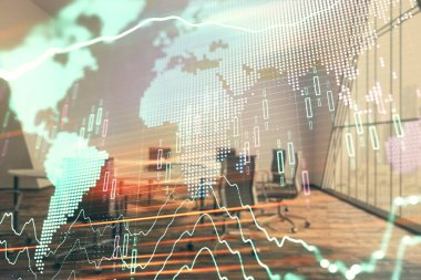 Konferans odası arka planda dünya hologram ile hisse senedi piyasası grafik çift pozlama. Uluslararası Finans konsepti