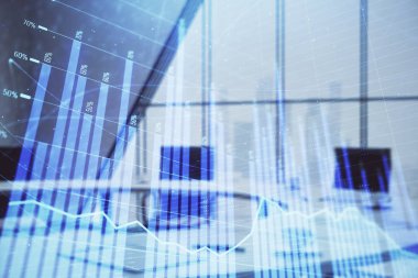 Konferans odası arka planda Forex çizelgesine çift pozlama. Hisse senedi piyasası analizi konsepti