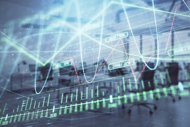 Arka planda ticaret masası banka Ofisi İç ile stok ve tahvil piyasa grafiği. Çok pozlama. Finansal analiz konsepti