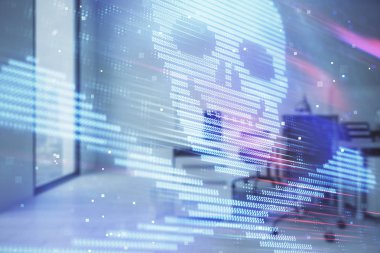 Arka planda ofis iç ile Hacking Tema hologram. Çift pozlama. Siber korsanlık kavramı