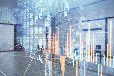 Stok ve tahvil piyasa grafik ve arka planda ticaret masası banka Ofisi İç ile dünya haritası. Çok pozlama. Uluslararası Finans konsepti