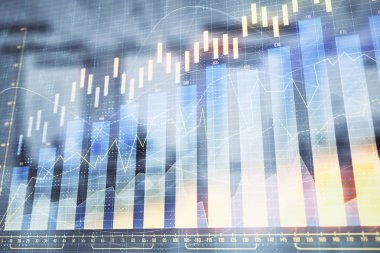Ticaret masası banka ofisi iç arka planda stok piyasa şeması. Çift pozlama. Finansal analiz konsepti