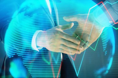 İki işadamı el sıkışması ile soyut arka plan üzerinde Forex grafik ve Dünya Haritası Multi pozlama. Uluslararası pazarlarda başarı konsepti