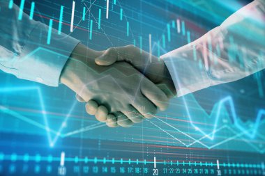 İki işadamı el sıkışması ile soyut arka planda Forex grafik Multi pozlama. Hisse senedi piyasasında başarı kavramı