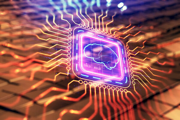 Brain drawing hologram with abstract background. Multi exposure. Data technology concept.