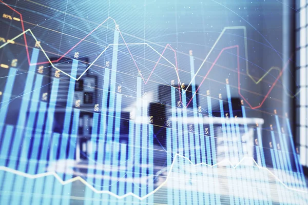 Forex diagram hologram med minimalistiskt skåp interiör bakgrund. Dubbel exponering. Aktiemarknads koncept. — Stockfoto