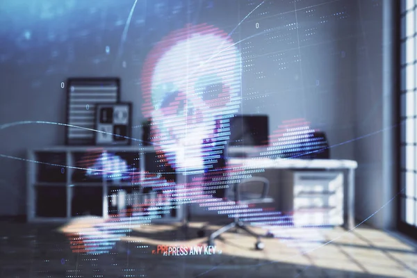 Cyber piraterij hologram met minimalistische kabinet interieur achtergrond. Dubbele belichting. Hacking concept. — Stockfoto