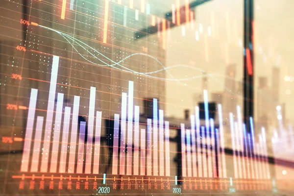 Голограмма бизнес-тематики с минималистичным внутренним фоном кабинета. Двойное воздействие. Концепция фондового рынка . — стоковое фото