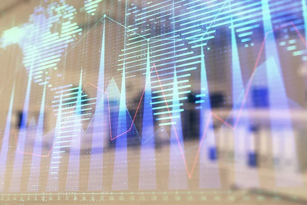 Stock and bond market graph and world map with trading desk bank office interior on background. Multi exposure. Concept of international finance