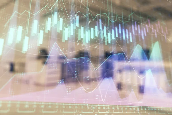 Börsdiagram med Trading Desk bankkontor interiör på bakgrunden. Dubbel exponering. Begreppet finansiell analys — Stockfoto