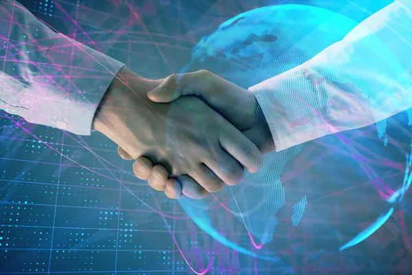 2人のビジネスマンの握手で抽象的な背景に世界地図のマルチ露出。国際ビジネスの概念 — ストック写真