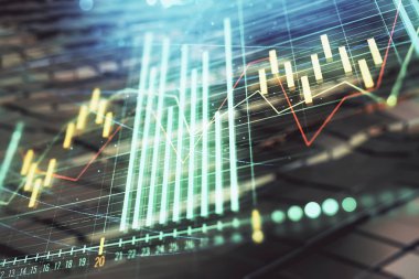 Soyut arka plan ile finansal grafik hologram. Çift pozlama. Piyasa Analizi konsepti