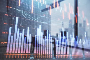 Minimalist kabine iç arka plan ile iş teması grafik hologram. Çift pozlama. Hisse senedi piyasası konsepti.