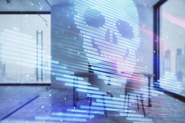 Minimalist kabine iç arka plan ile siber korsanlık hologram. Çift pozlama. Hacking kavramı.