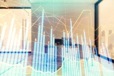 Minimalist kabine iç arka plan ile Forex grafik hologram. Çift pozlama. Hisse senedi piyasası konsepti.