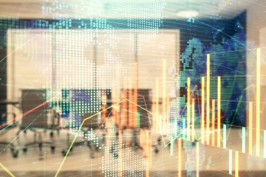 Konferans odası arka planda dünya hologram ile hisse senedi piyasası grafik çift pozlama. Uluslararası Finans konsepti