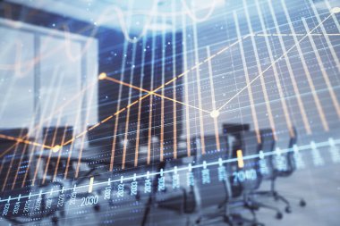 Konferans odası arka planda Forex çizelgesine çift pozlama. Hisse senedi piyasası analizi konsepti