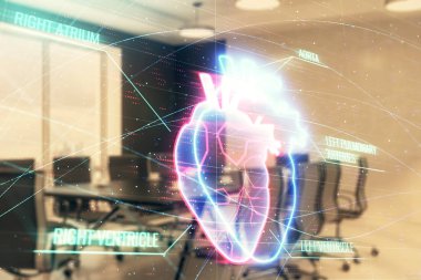 Konferans odası arka planda kalp hologram çift pozlama. Tıp eğitimi konsepti