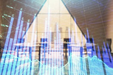Konferans odası arka planda Forex çizelgesine çift pozlama. Hisse senedi piyasası analizi konsepti