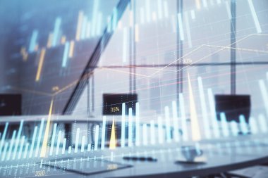 Konferans odası arka planda Forex çizelgesine çift pozlama. Hisse senedi piyasası analizi konsepti
