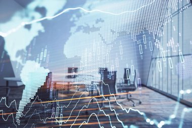 Konferans odası arka planda dünya hologram ile hisse senedi piyasası grafik çift pozlama. Uluslararası Finans konsepti