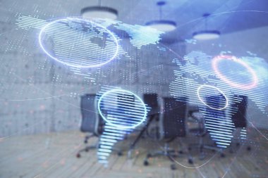 Konferans odası arka planda dünya hologram çift pozlama. Uluslararası iş konsepti