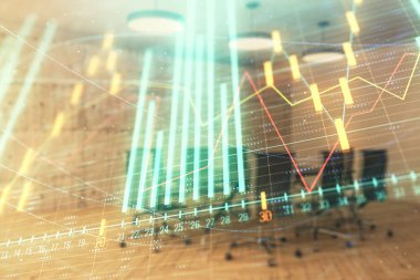 Konferans odası arka planda hisse senedi piyasası grafik Multi pozlama. Finansal analiz konsepti