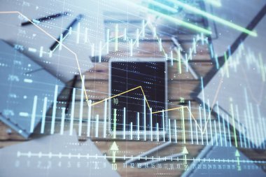 Masa arka planda döşeme dijital tablet üzerinde Forex grafik çift pozlama. Piyasa Analizi konsepti