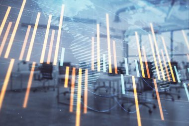 Stok ve tahvil piyasa grafik ve arka planda ticaret masası banka Ofisi İç ile dünya haritası. Çok pozlama. Uluslararası Finans konsepti